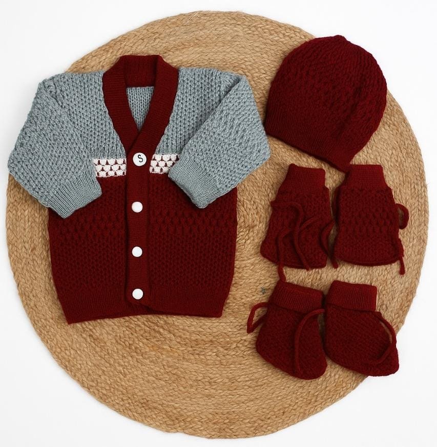 Newborn to 6 months Baby Unisex Woollen Knitted Sweater Set of 3 | Infant Winter Clothing- grey with brown code:NBE